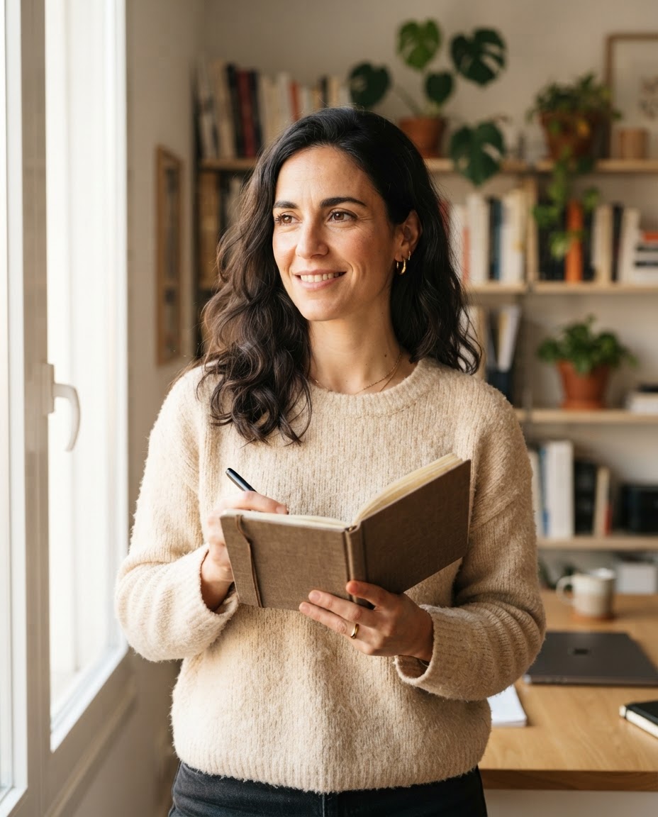 Sofia Marin with a notebook in a quiet studio workspace