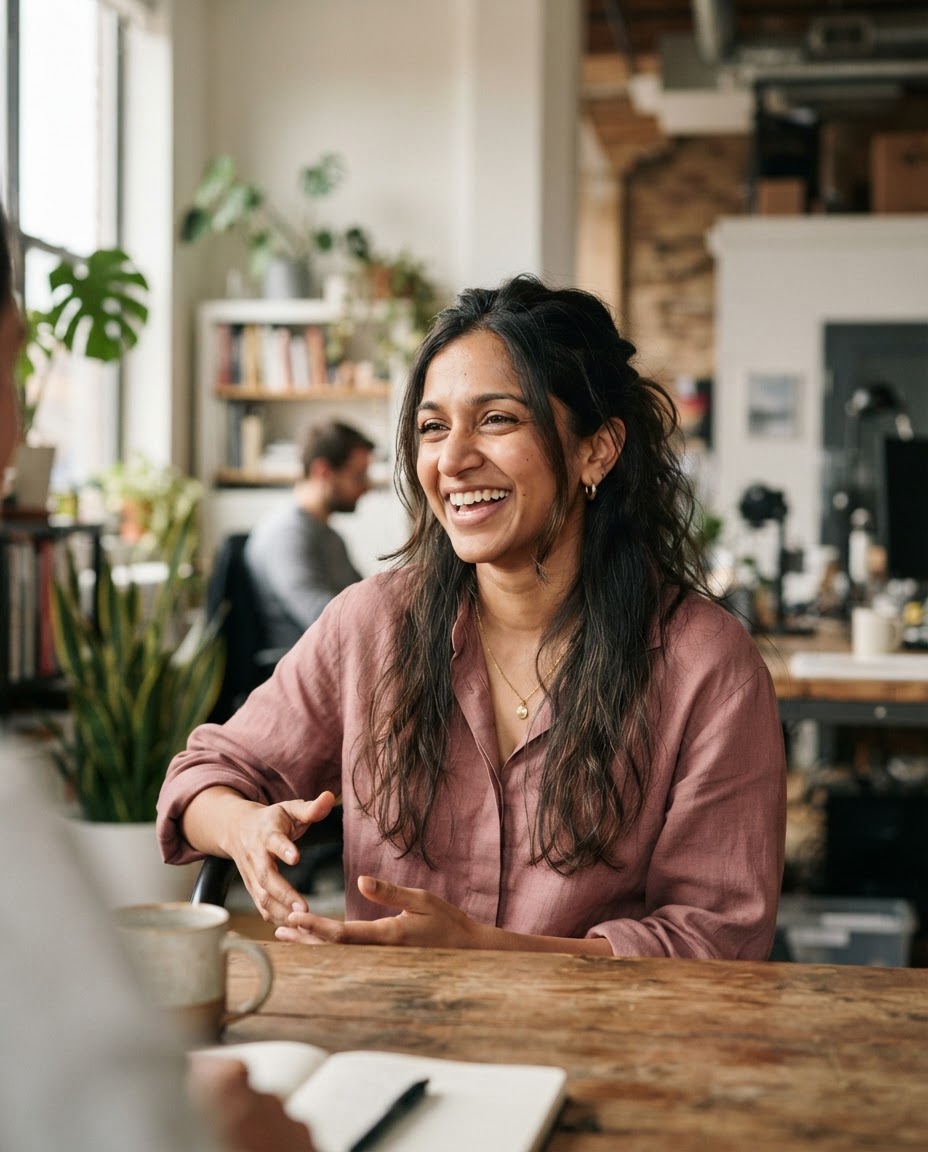 Priya Nanduri speaking with colleagues in the studio