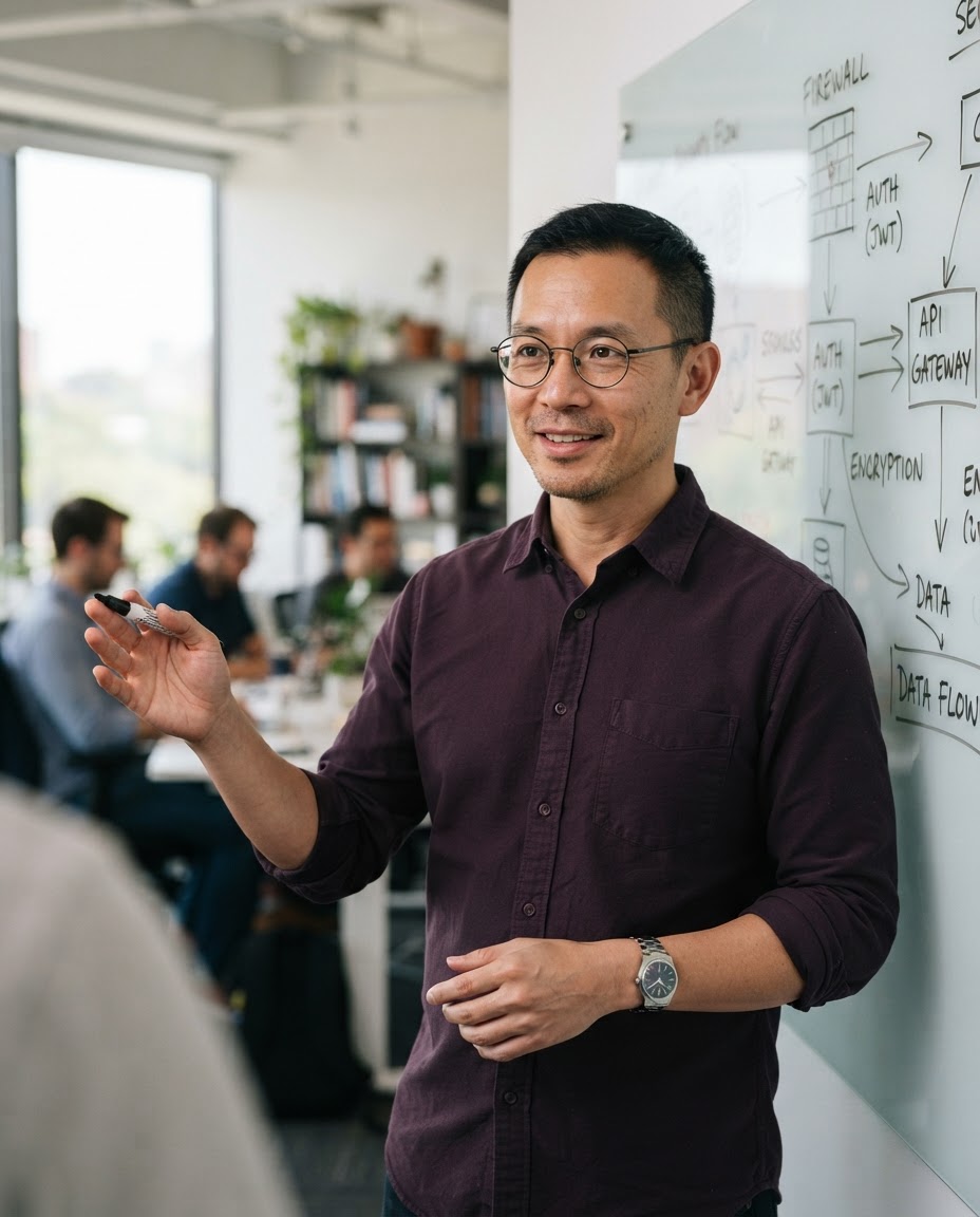 Jacob Lin explaining a security workflow at a whiteboard