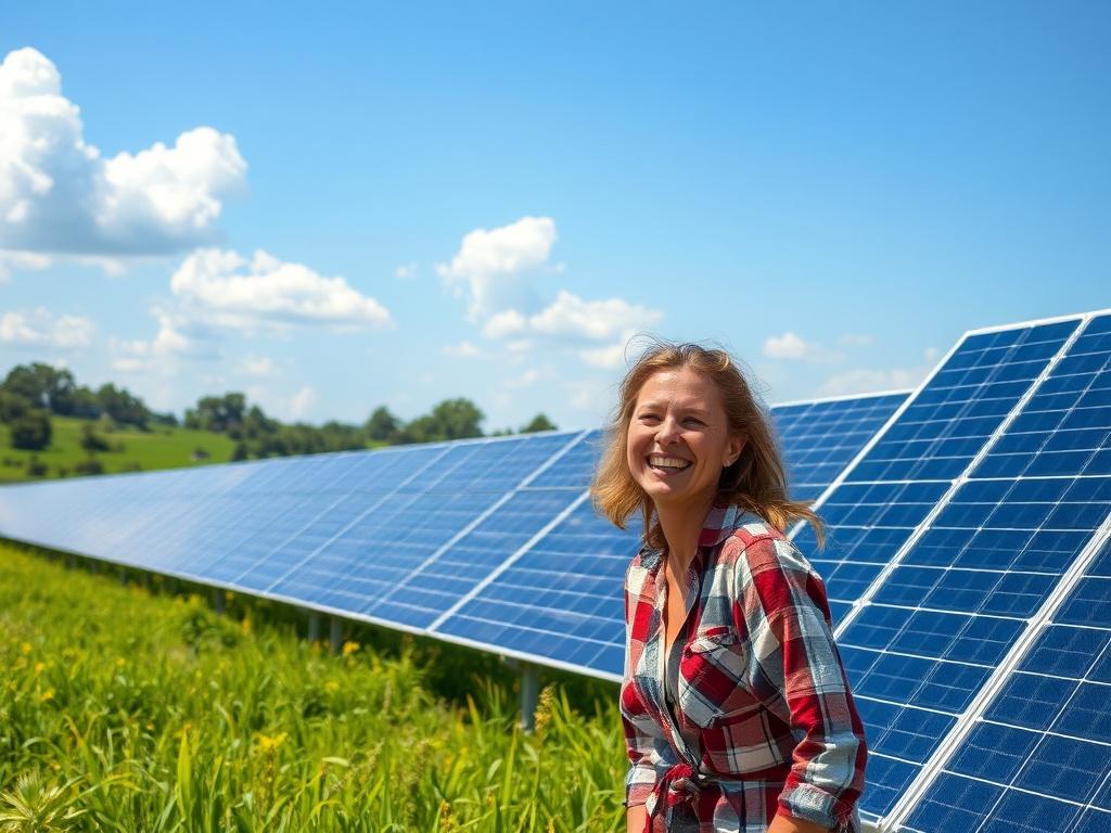 A vibrant, sunlit landscape showcasing solar panels in a green