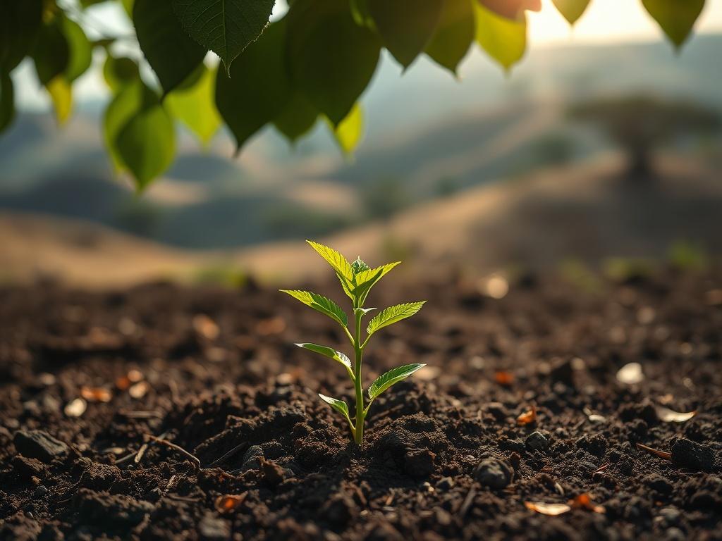 **Prompt for AI Image Generator:**

Create a realistic high-resolution photo that embodies the essence of sustainability driven by Greencoin in Kenya. The focal subject should be a vibrant green sapling emerging from rich, dark soil, symbolizing growth and renewal. Position the sapling centrally in the frame, with strong sunlight filtering through leaves overhead, casting gentle light onto the plant, emphasizing its green leaves and fresh vitality. 

In the background, include blurred elements of the lush K