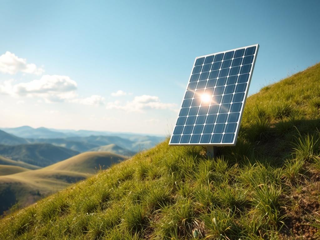 Create a highly detailed, realistic high-resolution photo featuring a single, radiant solar panel mounted on a grassy hillside under a clear blue sky. The solar panel should be angled to catch sunlight, reflecting a sense of innovation and capturing the essence of clean energy. Surrounding the panel, lush green grass represents a thriving, sustainable environment. In the background, gently rolling hills lead the eye toward a distant horizon where white clouds sprinkle the sky, conveying a sense of optimism 