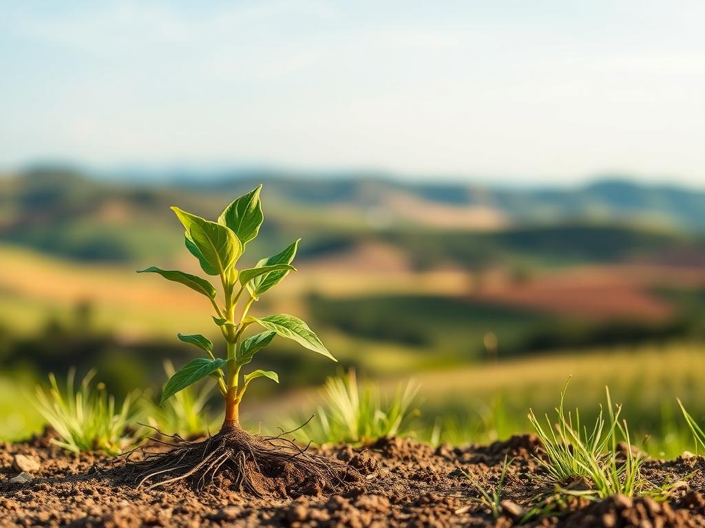Create a realistic high-resolution photo that captures the essence of sustainability as driven by Greencoin in Kenya. The composition should be simple and clear, featuring a single subject: a vibrant green plant, symbolizing growth and vitality. Place the plant prominently in the foreground, showcasing its lush leaves and healthy roots. 

In the background, include a blurred landscape of rolling hills and fields, portraying the Kenyan countryside under a soft blue sky, evoking a sense of peace and abundance