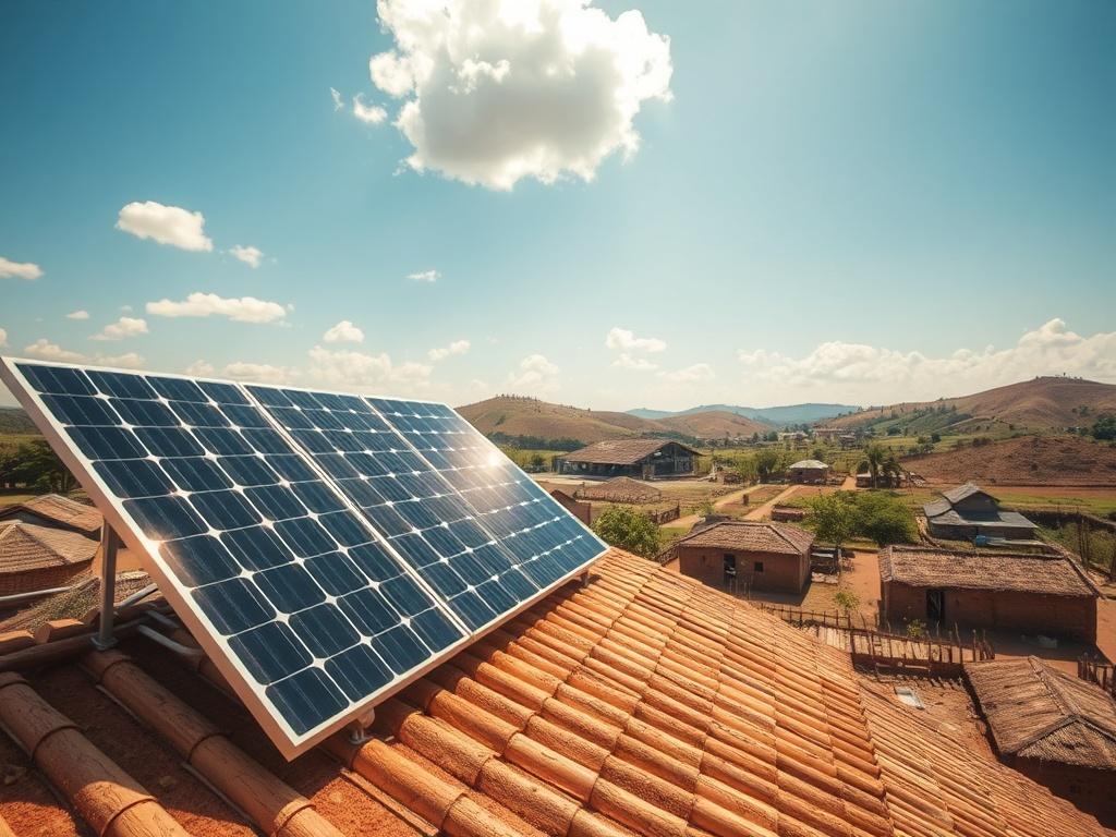 **Prompt for AI Image Generator:**

Create a realistic high-resolution photo that embodies the theme "Creating a Sustainable Future: The Role of Solar Energy." The image should feature a single subject: a solar panel installed on a rustic rooftop in a rural Kenyan village. The solar panel should gleam under the bright African sun, showcasing its efficiency and importance in harnessing renewable energy. 

In the background, capture the essence of the Kenyan landscape with rolling hills and lush greenery, int