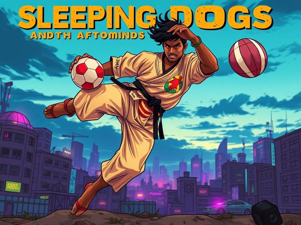 **AI Image Generation Prompt:**

Create a realistic high-resolution photo featuring an action-packed cover of a thrilling comic book magazine titled "Sleeping Dogs and the Afrominds: Edition 1". The single subject of the image should be a dynamic, muscular martial artist in mid-action, performing a high kick, showcasing fluid motion and strength. This character should have a contemporary yet distinctive style, adorned in a colorful martial arts uniform that reflects both traditional and modern aesthetics.

