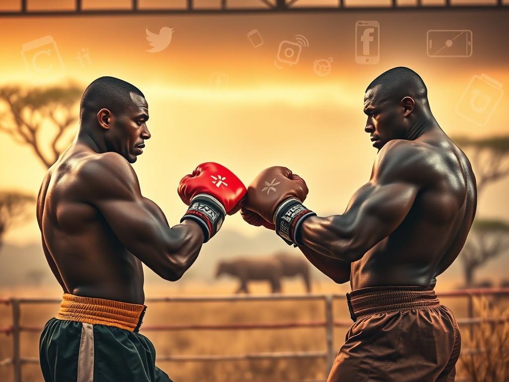 Create a realistic high-resolution photo depicting a dramatic scene of two formidable fighters, Majembe and Mabavu Destroyer, positioned in a dynamic fighting stance. The composition should focus solely on Mabavu Destroyer, who is muscular and fierce, embodying the essence of a champion, while standing prominently in the foreground. He should be wearing traditional Kenyan boxing gear, showcasing his intense determination and readiness for battle.

In the background, subtly hint at a vibrant social media atmosphere, with blurred outlines of mobile phones and social media icons, symbolizing the buzz surrounding the fight without distracting from the main character. Surround the fighter with natural elements that reflect the Kenyan landscape, like hints of acacia trees and savannah grasses that convey a sense of place.

Ensure that the lighting emphasizes the fighter's intense expression and powerful stance, creating a dramatic contrast with soft earthy tones in the background, such as rich greens and browns. This compelling image captures the excitement and anticipation of the upcoming fight, making it clear that Kenya's social media is abuzz with speculation and eagerness for the showdown.