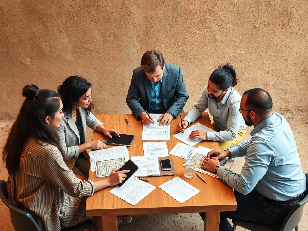 A realistic high-resolution photo of a diverse group of people collaborating around a table with documents and digital devices, discussing investments in real estate and cryptocurrencies. The background should feature earthy tones and textures, reflecting a grounded, sustainable aesthetic. The focus should be on the group engaged in productive conversation, showcasing teamwork and unity in investment decisions.
