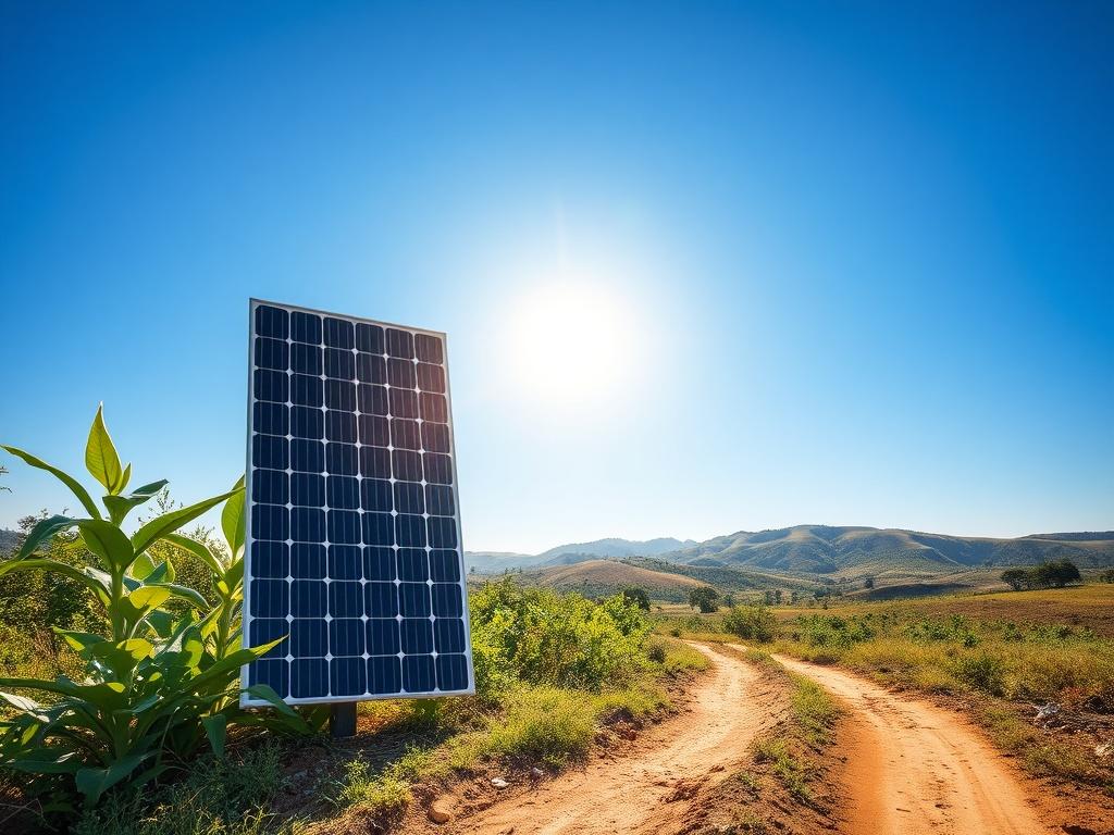 Create a realistic high-resolution photo depicting a solar panel installation in a rural setting in Vihiga County, Kenya. The composition should feature a single, prominently placed solar panel, shining brightly under the clear blue sky. Surround the panel with lush green foliage reflecting the region's natural beauty, while a dirt path leads toward it, symbolizing access to renewable energy. In the background, include gently rolling hills that convey the serene landscape of Vihiga County. Ensure the lighti