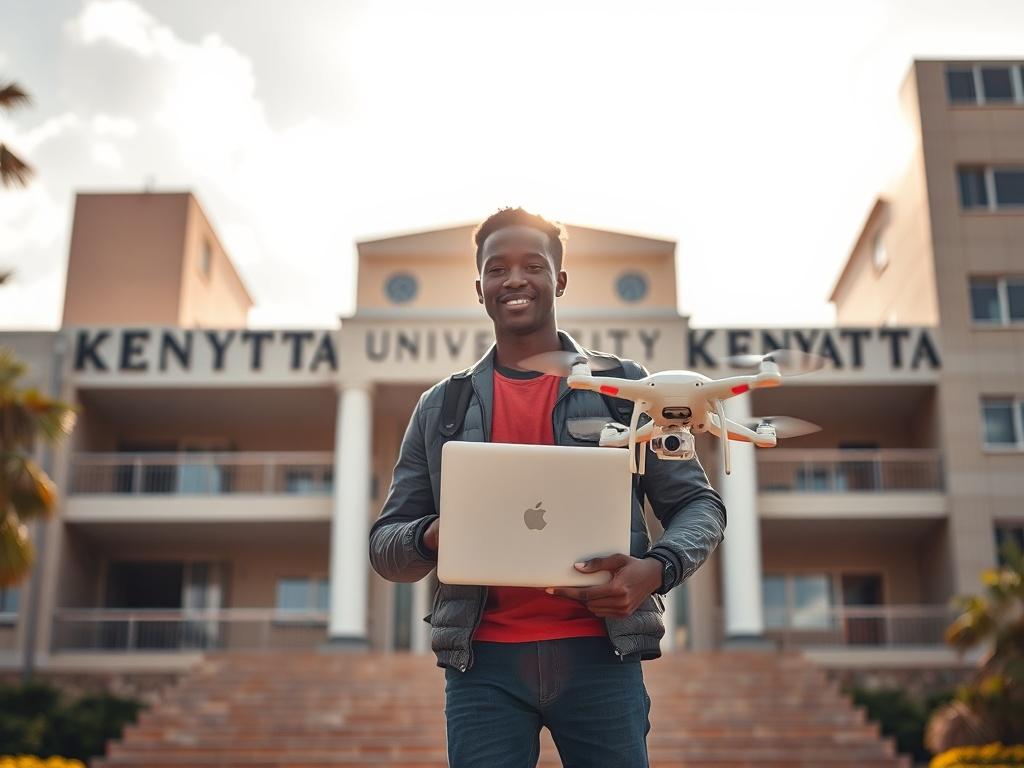 **AI Image Generation Prompt:**

Create a realistic high-resolution photo featuring a single, proud African young adult male or female standing confidently in front of Kenyatta University. The subject should exude enthusiasm and determination, holding a laptop or a drone model that symbolizes innovative skills such as cybersecurity, coding, and graphic design. 

The background should display the iconic elements of Kenyatta University, including recognizable buildings or signage that clearly indicate the edu