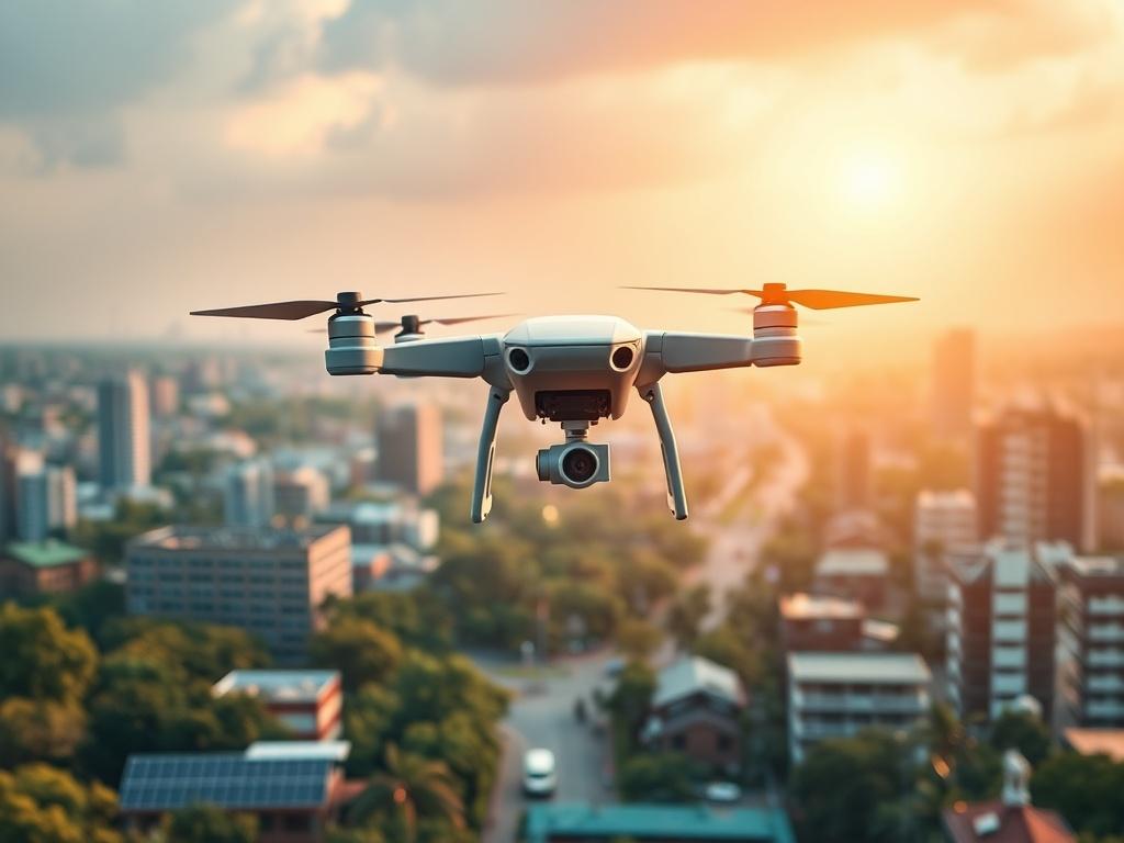 **AI Image Generation Prompt:**

Create a realistic high-resolution photo that encapsulates the essence of a forward-looking blog post titled "Greencoin Afrominds Calendar 2026: What Does 2026 Hold for Us?" The image should feature a single, striking drone as the main subject, positioned in the foreground, hovering gracefully with its rotors visible. The drone should be modern and sleek, showcasing innovative design elements that hint at advanced technology.

In the background, depict the bustling landscape