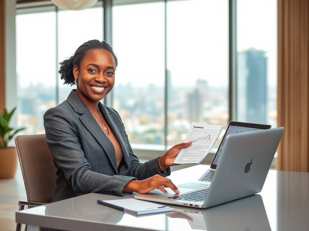 **AI Image Generation Prompt:**

Create a realistic high-resolution photo that embodies the essence of the blog titled "New Year Resolutions 2026 For the GCA Group." The image should focus on a single subject: a confident and professional woman in a modern office setting. She should exude a formal yet cheerful demeanor, indicative of optimism for the New Year. 

**Composition Details:**
- The woman, dressed in smart business attire, should be positioned at a sleek desk with a laptop open in front of her, sh