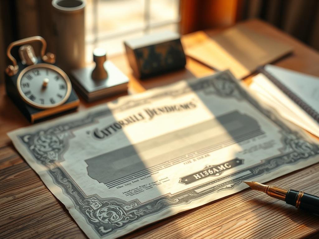 Create a realistic high-resolution photo that visually represents the concept of company bonds in finance. The composition should be simple and clear, featuring a single subject: a close-up of a tarnished, aged bond certificate laid flat on a wooden desk. The bond certificate should display detailed, ornate designs typical of traditional bonds, such as intricate borders and a prominent gold seal, but should not include any text or specific names.

In the background, softly blurred, add subtle elements relat