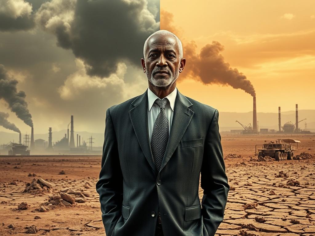 **Prompt for AI Image Generator:**

Create a realistic high-resolution photo that embodies the title "USA, & Israel Vs Iran War: The End of Everything?". The image should focus on a single subject: a solitary figure representing a global leader, depicted as a middle-aged African man in professional attire, standing amidst a barren landscape that symbolizes the geopolitical turmoil. His expression should be contemplative, showcasing concern for the future.

The background should illustrate a stark contrast b