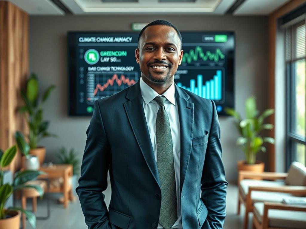 **AI Image Generation Prompt:**

Create a realistic high-resolution photo that captures the essence of Greencoin Law, a collaborative law firm partnered with Were and Were Advocates, featuring Chief Legal Officer Timothy Murwa. The focus should be on a professional and confident legal expert, embodying leadership and innovation in the realm of climate change advocacy. The subject should be a distinguished lawyer, dressed in formal business attire, standing in a modern office setting that reflects a harmonio