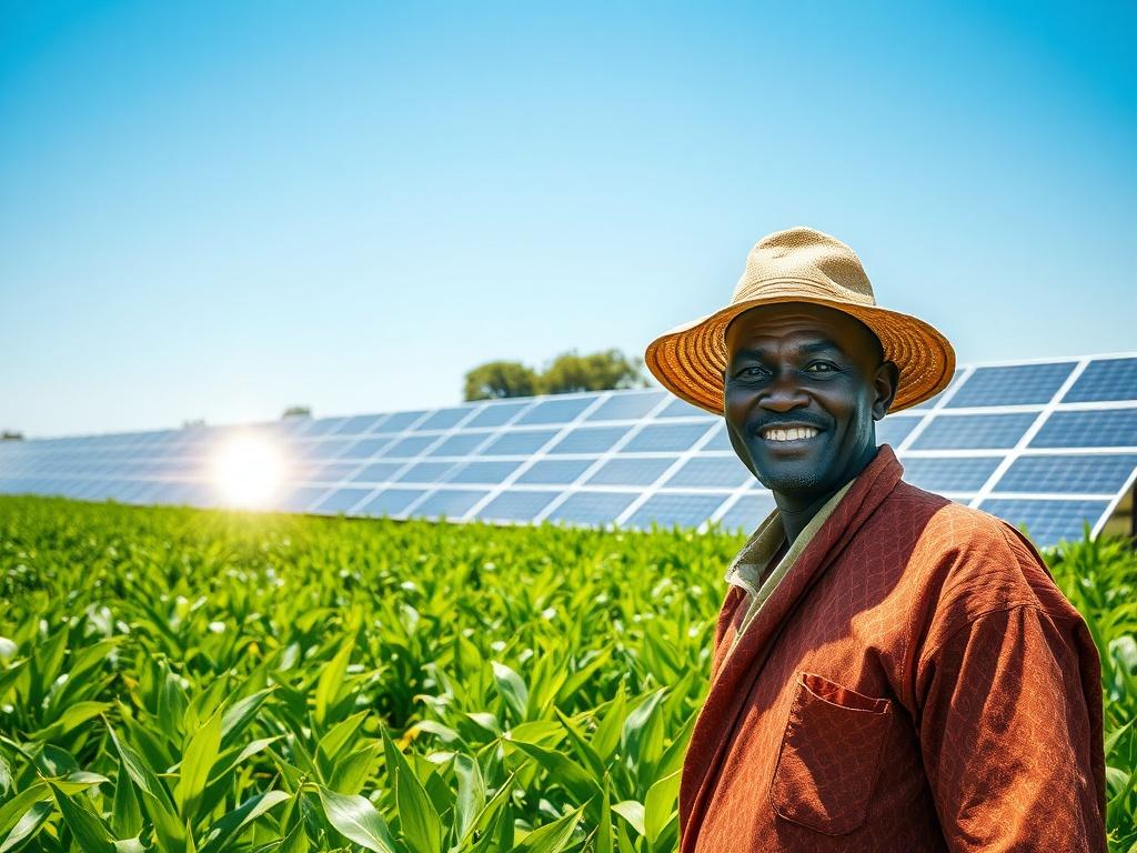 **AI Image Generation Prompt:**

Create a realistic high-resolution photo that captures the essence of "Harnessing Solar Energy for Sustainable Development." The image should feature a single subject: a Kenyan farmer standing proudly in a lush green field, smiling at the camera. The farmer should be dressed in traditional attire, emphasizing local culture.

The background should showcase solar panels installed in the field, gleaming under bright sunlight. These panels should be framed by the vibrant green o