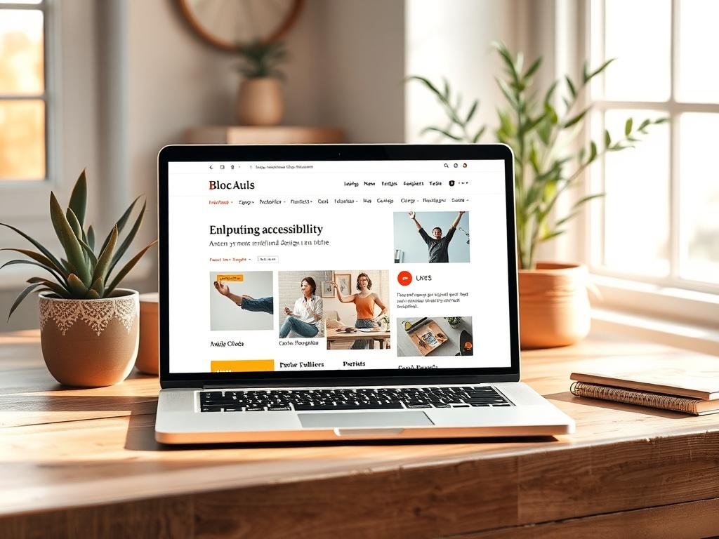 **Prompt for AI Image Generator:**

Create a realistic high-resolution photo focusing on a single subject: a modern, inviting workspace. The workspace should feature a sleek laptop open to a blog page displaying vibrant, user-friendly design elements that reflect improved accessibility features, such as clear typography, high-contrast colors, and intuitive navigation. 

Ensure the setting includes natural light streaming through a nearby window, illuminating the space. In the background, display soft, earth