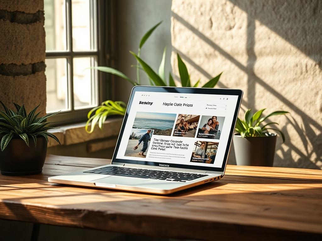 Create a realistic high-resolution image that embodies the theme of a blog titled "Revamping Our Blog Post Page." The composition should be simple and focused, featuring a single subject: an open laptop displaying a visually appealing blog post page. The laptop should be positioned on a rustic wooden desk, with a few green plants placed softly in the background to emphasize a sustainability theme. Natural light should stream in from a nearby window, casting gentle shadows that create a warm and inviting atm