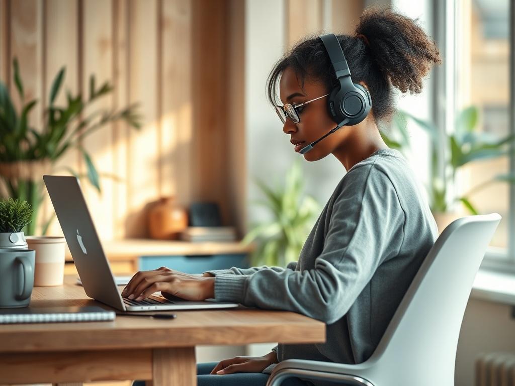 Create a realistic high-resolution photo showcasing a serene home office environment that embodies the concept of accessibility in blogging. The composition should be simple, featuring a single subject: a young woman of mixed ethnicity, sitting at a well-organized, modern desk. She should be working intently on a laptop, using assistive technology such as a screen reader headset, which illustrates her commitment to enhancing accessibility in digital content.

The background should be softly blurred, highlig