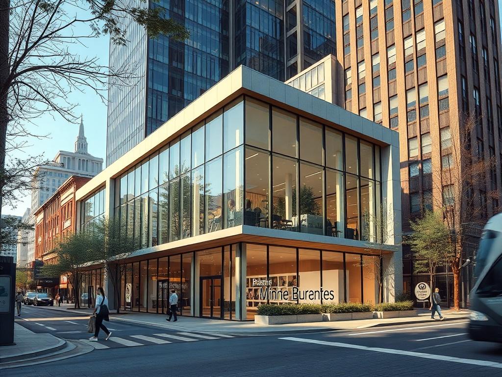 A modern commercial building situated in a bustling urban environment. The structure should be sleek and contemporary, showcasing large glass windows and a welcoming entrance. Surrounding the building, include some greenery and pedestrians, emphasizing a vibrant business atmosphere.