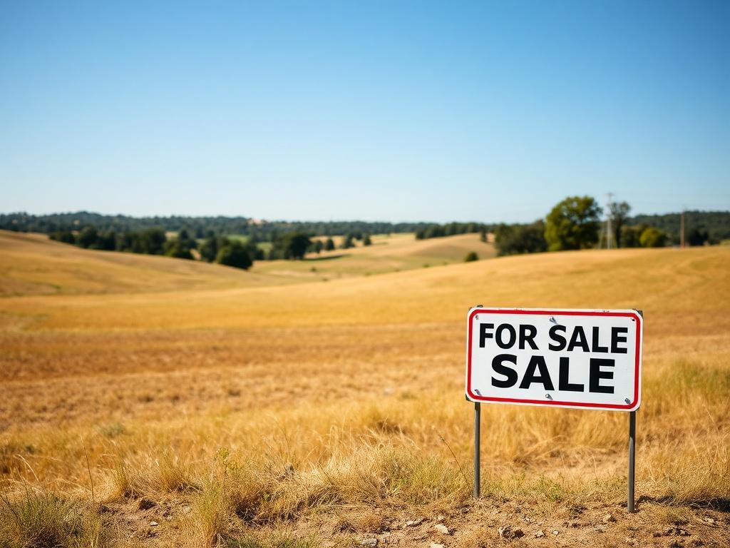 A scenic plot of land ready for development, showcasing open fields with rolling hills and a clear blue sky. The foreground should highlight a 'For Sale' sign, while the background includes trees and a peaceful landscape, promoting a sense of opportunity and growth.