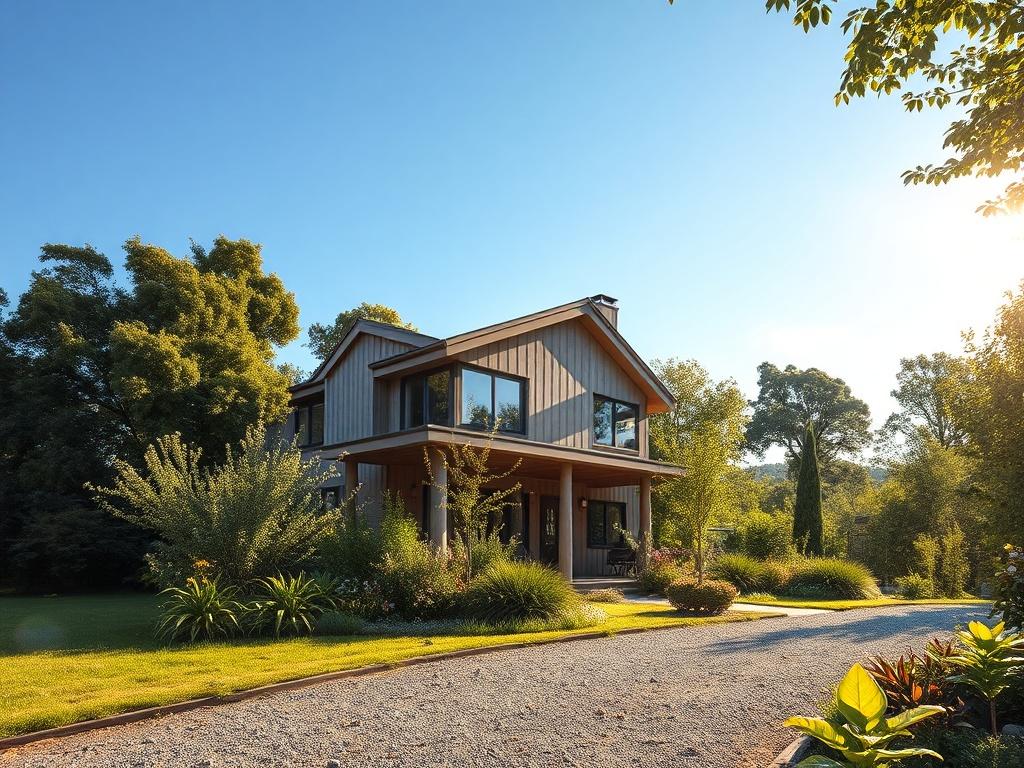 A beautiful residential property showcasing a modern house surrounded by lush greenery. The house should be prominently featured, with a clear blue sky and sunlight illuminating the scene, creating a warm and inviting atmosphere. The background should include trees and plants, emphasizing a sustainable lifestyle.