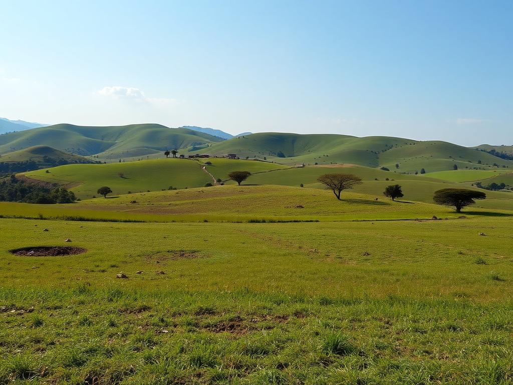 A high-resolution photograph of a scenic 5-acre plot in Kakamega, showcasing green fields and open space under a bright sky. The plot should appear untouched, with rolling hills in the background and a few scattered trees, emphasizing its potential for development or agriculture. The image should evoke a sense of opportunity and natural beauty.