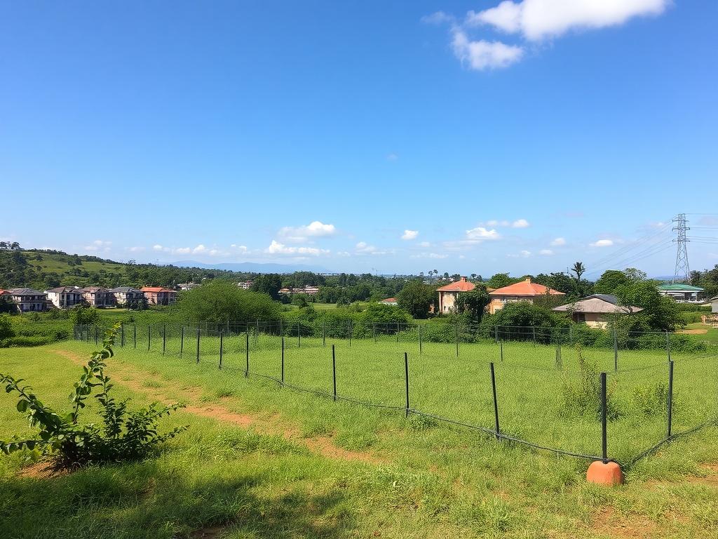 A realistic high-resolution photo showcasing a beautiful landscape of a 1-acre plot in Kileleshwa, Nairobi, featuring lush greenery and clear blue skies. The plot should be empty, with a fence around it. In the background, there should be glimpses of modern homes and buildings, indicating urban development. The image should convey a sense of peace and opportunity.
