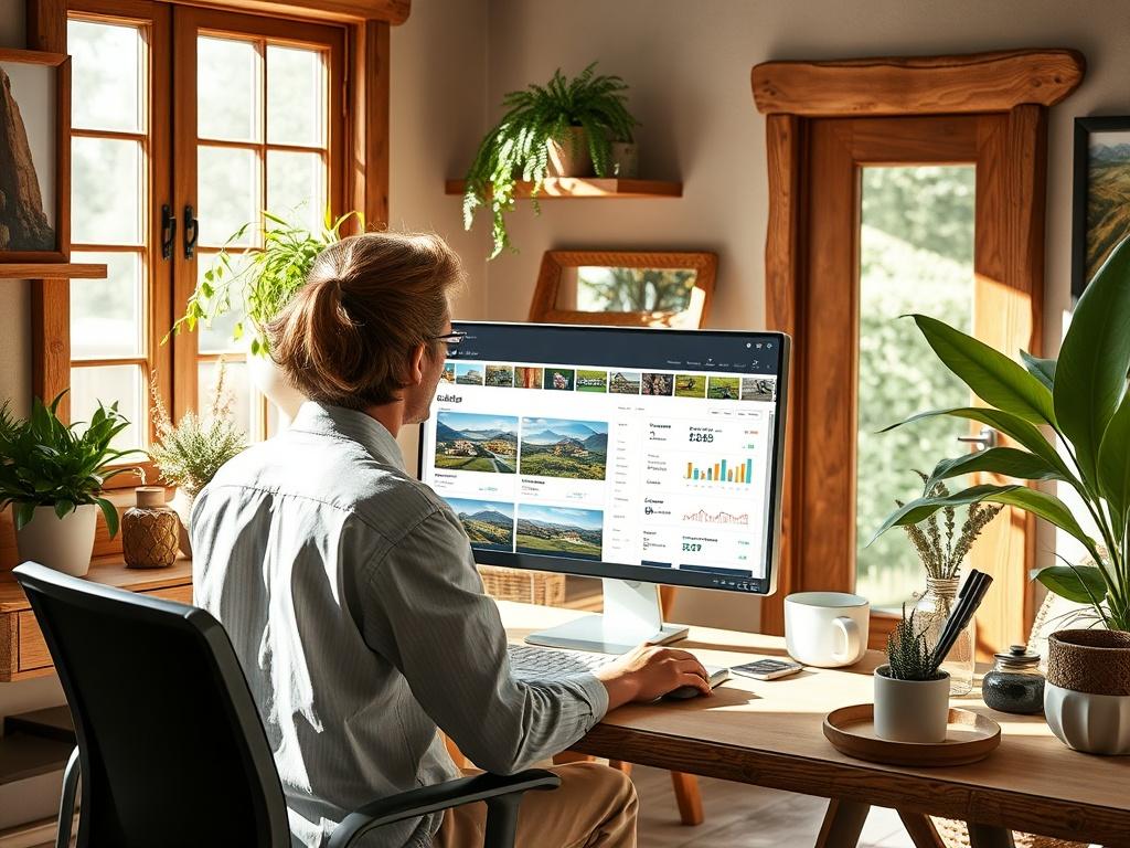 A person sitting at a computer desk, analyzing land listings on a dashboard. The screen displays various property images and data. The background is a cozy home office with natural light streaming in, plants on the windowsill, and a rustic aesthetic.