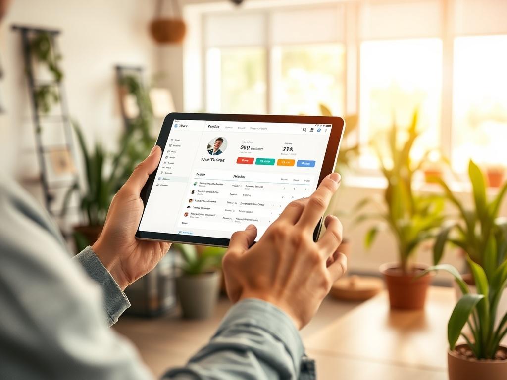 A person using a tablet to update their profile information on a dashboard. The background includes a serene office space with plants and natural light, creating a calm and productive atmosphere.