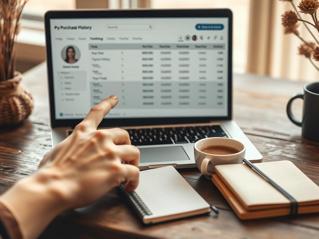 A close-up of a laptop screen displaying a purchase history with detailed transactions. A hand is pointing at the screen, while a notebook and a cup of coffee are on the desk. The setting has a warm, inviting ambiance.