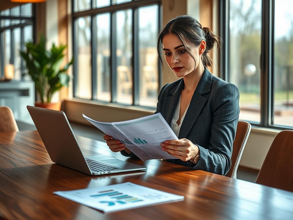 **AI Image Generation Prompt:**

Create a realistic high-resolution photo that vividly represents the theme "Creating A Company Bond Successfully." The image should focus on a single subject: a confident and engaged businesswoman, sitting in a modern, airy office space. She is reviewing financial documents, depicting the careful planning and strategic thinking involved in forming company bonds. The subject should have a focused expression, suggesting determination and insight.

**Composition Details:**
- Th