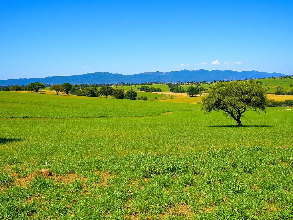 A realistic high-resolution image of a scenic land plot in Kenya, showcasing lush greenery and clear blue skies. The foreground should feature an open space with grass and occasional trees, while the background includes distant hills or mountains. The composition should be simple and clear, emphasizing the beauty of the land available for sale, with natural earthy tones that complement the #136A5C primary color.