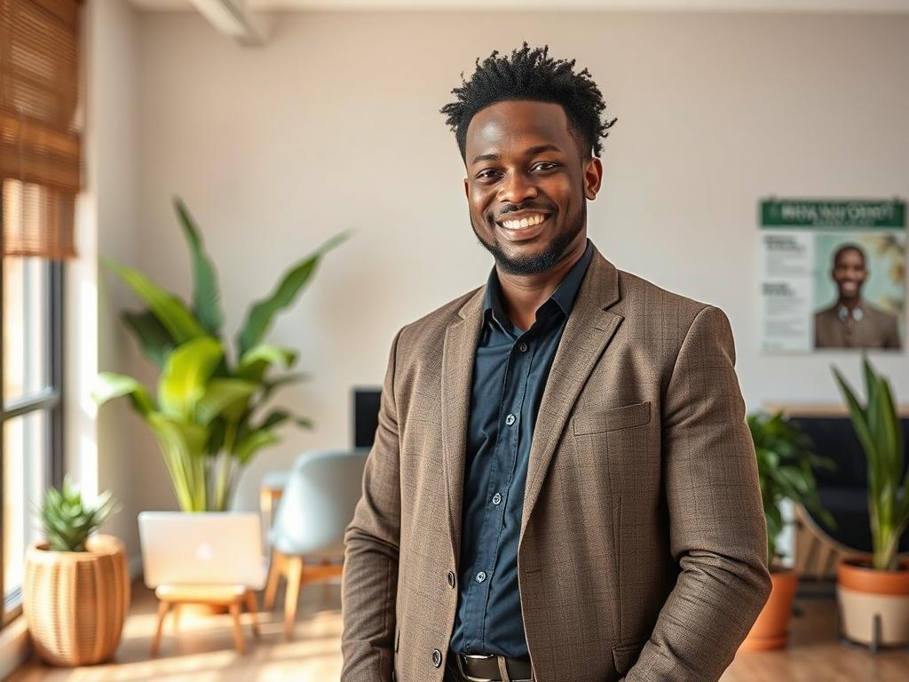 **AI Image Generation Prompt:**

Create a realistic high-resolution photo that visually represents the partnership between Afrominds, a division of the GCA Group, and Dukatech under the Silicon Savannah Fund. The composition should be simple and focused on a single subject: a professional-looking African entrepreneur. The entrepreneur should be standing confidently in a modern office space with subtle elements suggesting innovation and collaboration, such as a laptop, digital marketing graphics, and a green