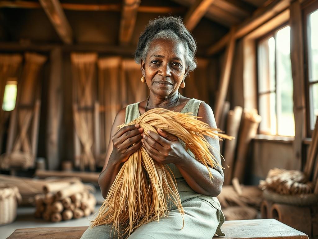 **Prompt for AI Image Generator:**

Create a realistic high-resolution photo featuring a single artisan carefully weaving banana fibers into a beautiful, eco-friendly beauty product. The artisan, a middle-aged woman with an expression of focused craftsmanship, should be at the center of the composition, sitting against a simple wooden workbench. 

In her hands, she holds a vibrant bundle of banana fibers, showcasing the natural texture and earthy tones of the material. The background should be softly blurre