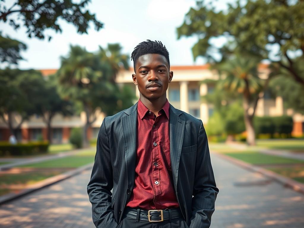 Create a realistic high-resolution photograph that captures the essence of the launch of Afrominds at Kenyatta University, focusing on the theme of pioneering apprenticeships in Africa. The image should feature a single subject: a young African male student, confidently standing in front of the iconic Kenyatta University building, illustrating the spirit of education and innovation. 

He should be dressed in smart casual attire, symbolizing a blend of professionalism and youthful energy. The background shou