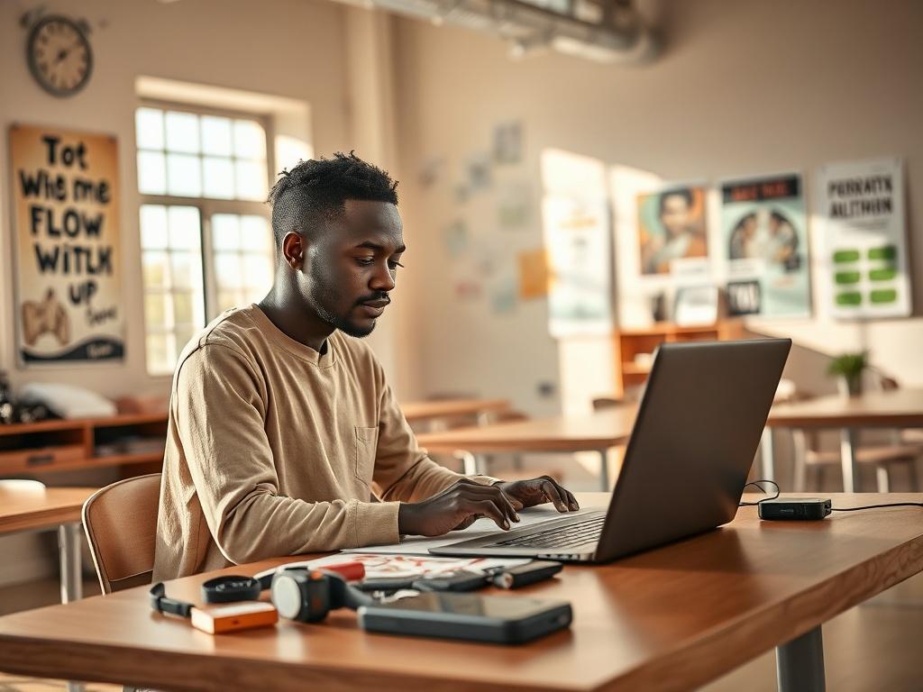 **Prompt for AI Image Generation:**

Create a realistic high-resolution photo featuring a young African man passionately engaging in a hands-on project related to technology and design. He should be seated at a modern workstation, surrounded by various tools and materials that suggest creativity—like sketches, a laptop displaying design software, and tech gadgets.

The composition should be simple and clear, emphasizing the focused expression on the man's face as he works diligently. The background should d