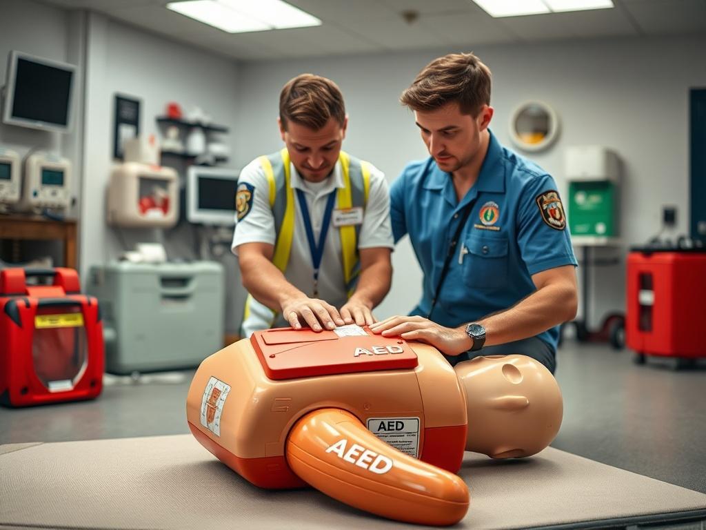 A close up shot of an AED training demonstration, featuring