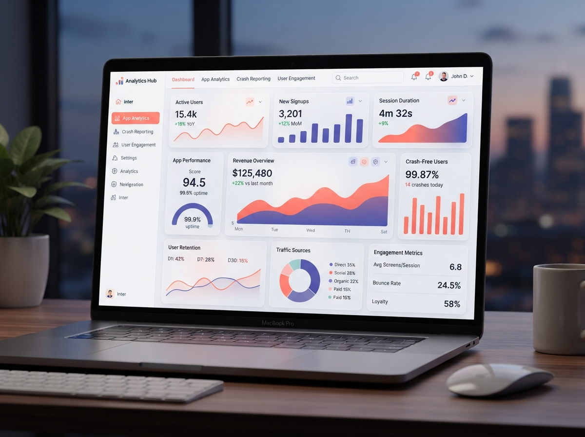 Dashboard mockup showing analytics, monitoring, and performance metrics