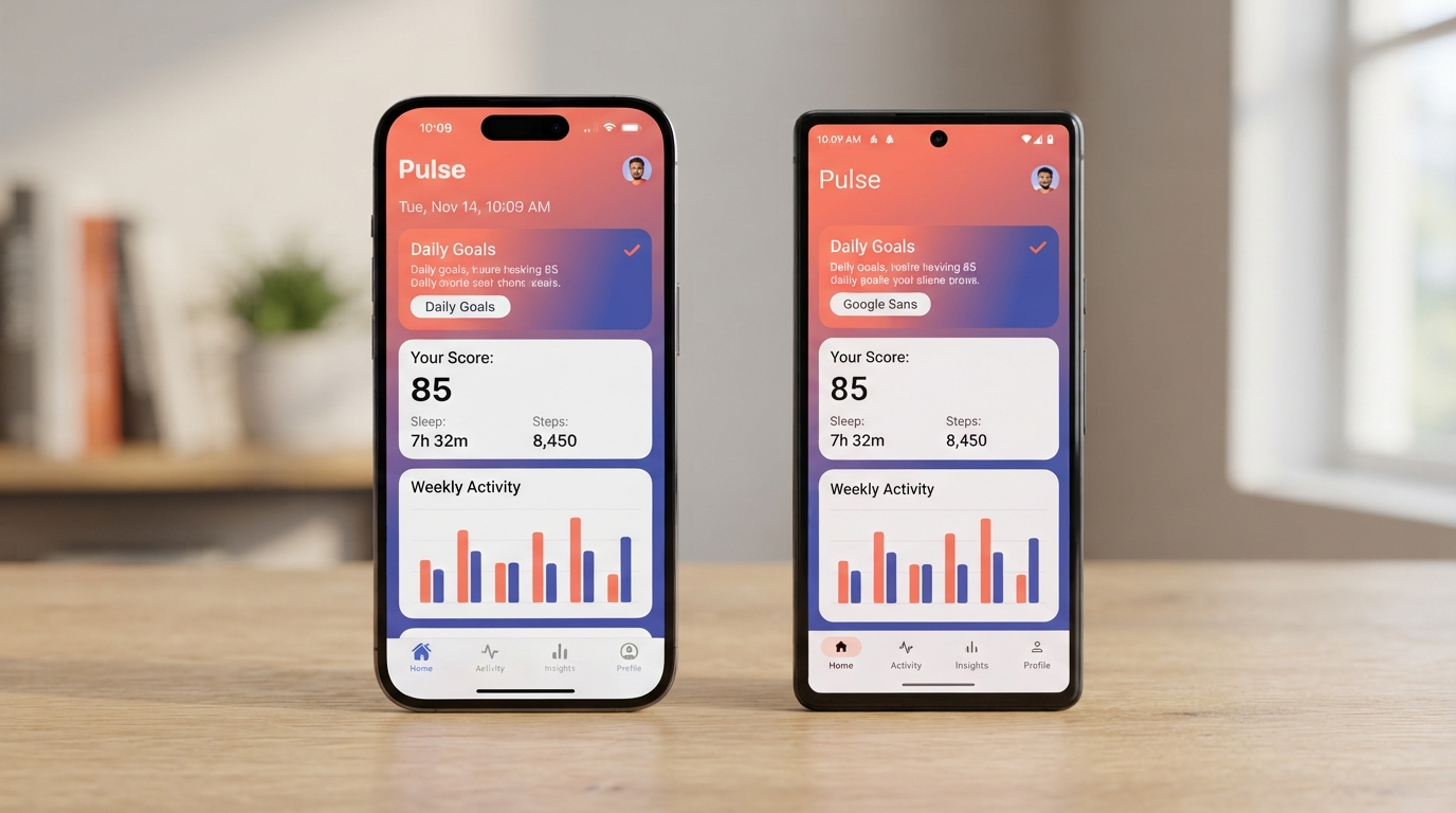iPhone and Android phones side-by-side displaying synchronized app