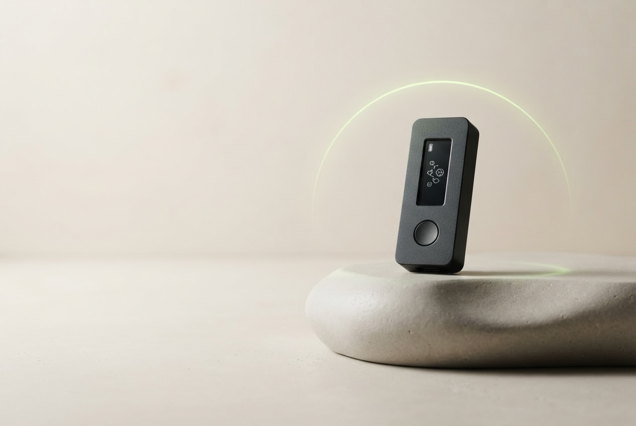 A minimalist hardware wallet displayed in a softly lit studio