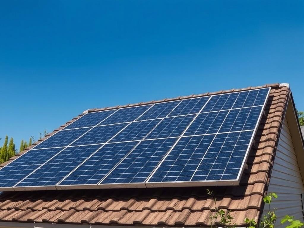A realistic high-resolution photo of a solar panel installation on a residential roof. The image should feature a clear blue sky in the background and a well-maintained home with greenery around. The solar panels should be prominently displayed, showcasing their sleek design and reflecting sunlight. The composition should focus solely on the solar panels with the house and natural surroundings creating a harmonious and eco-friendly atmosphere.