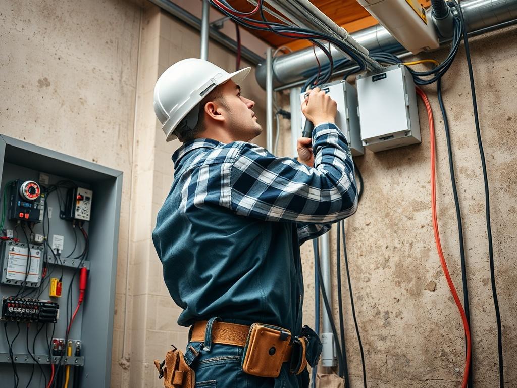 A high resolution image showing a qualified electrician working on