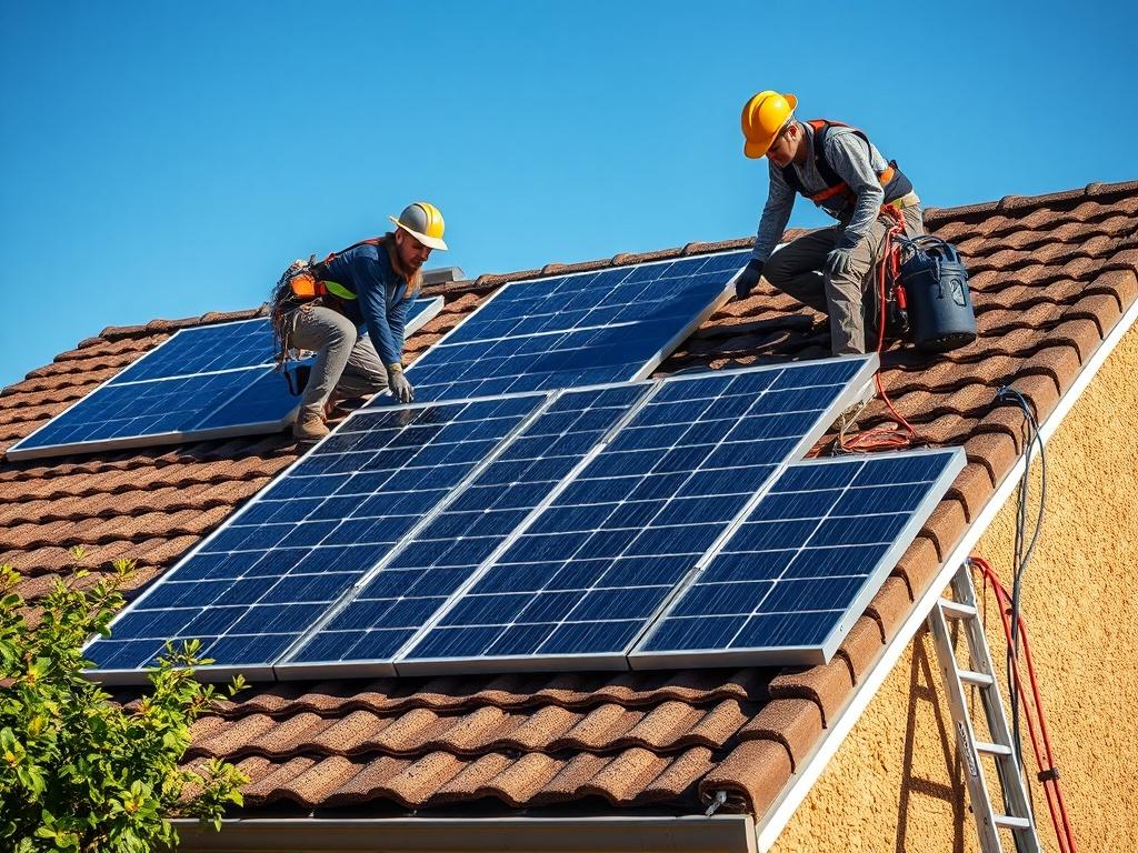 A high resolution image showing a professional team installing solar