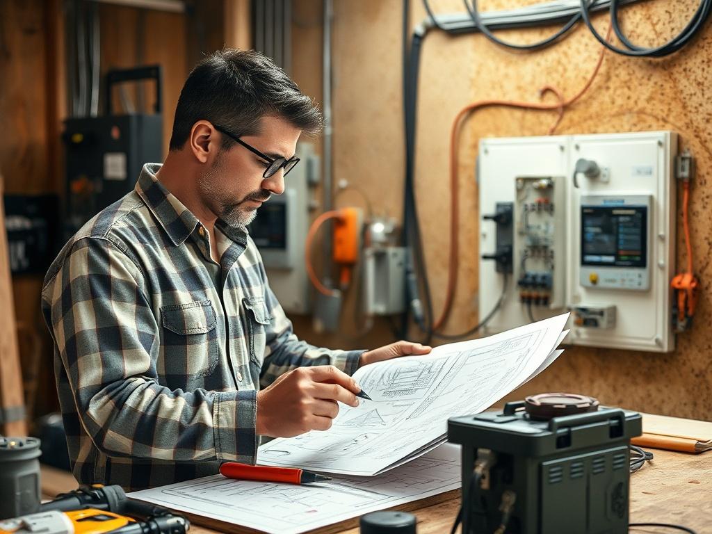 A realistic high-resolution photo showcasing an electrical engineer working on the design of electrical connections for a residential building. The engineer is focused on blueprints and technical drawings, surrounded by tools and equipment in a well-lit workspace. The background has elements like electrical panels and wiring, creating a professional and technical atmosphere, with earthy tones to match a grounded aesthetic.