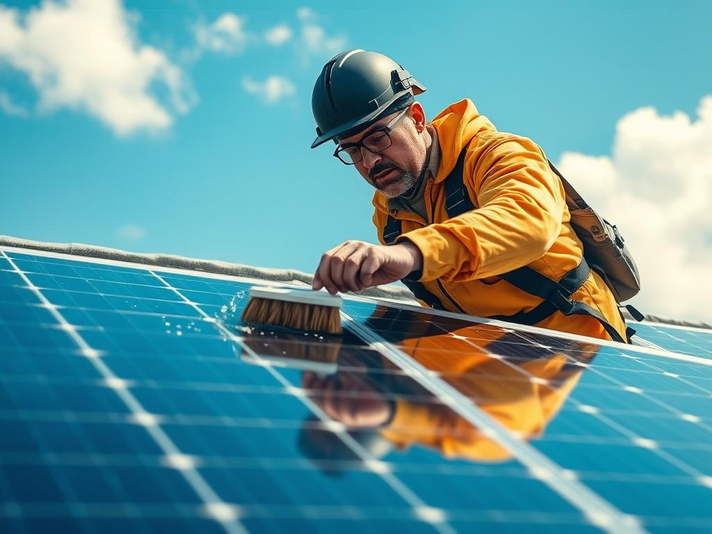 A realistic high-resolution image of a technician cleaning solar panels on a rooftop. The technician is focused, wearing safety gear, and using a soft brush and water to gently clean the panels. The background features a clear blue sky and a few clouds, giving a sense of a bright sunny day. The solar panels are gleaming, reflecting sunlight, emphasizing the cleanliness and effectiveness of the service.