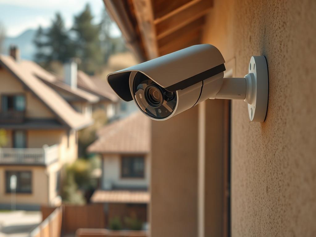 A high-resolution image of a modern surveillance camera mounted on the exterior of a building, with a clear view of the surrounding area. The background should feature a residential neighborhood in natural light, showcasing the camera's sleek design and technology. The composition should focus on the camera, emphasizing its functionality and integration into the environment.