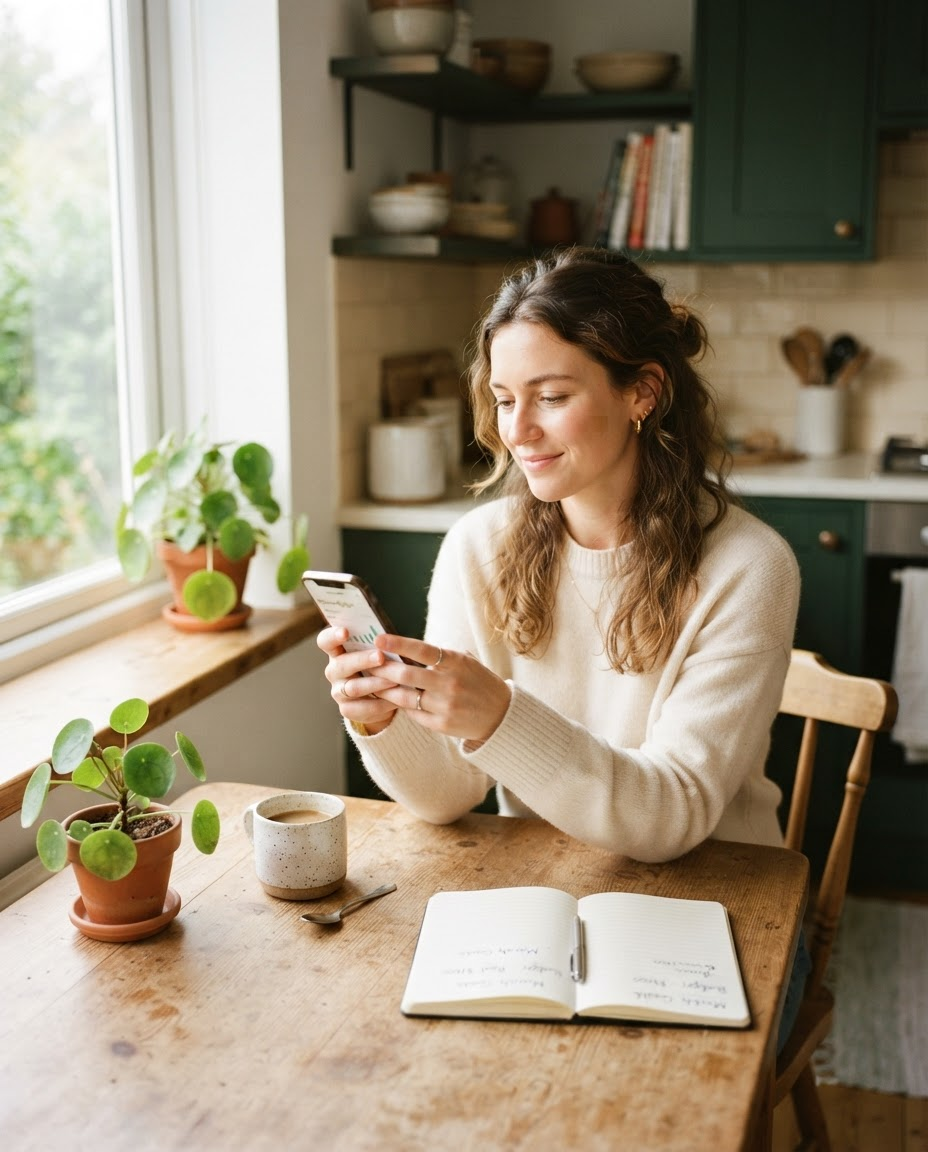 Meadow member reviewing her finances calmly at a sunlit kitchen table