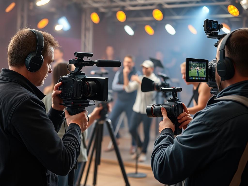 A close up shot of a video production team filming