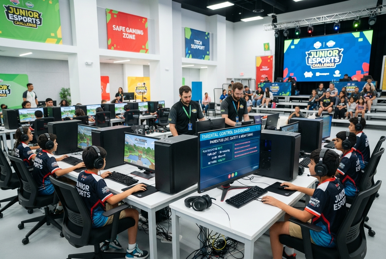 Professional esports arena setup with gaming PCs, low-latency monitors, and safety dashboards