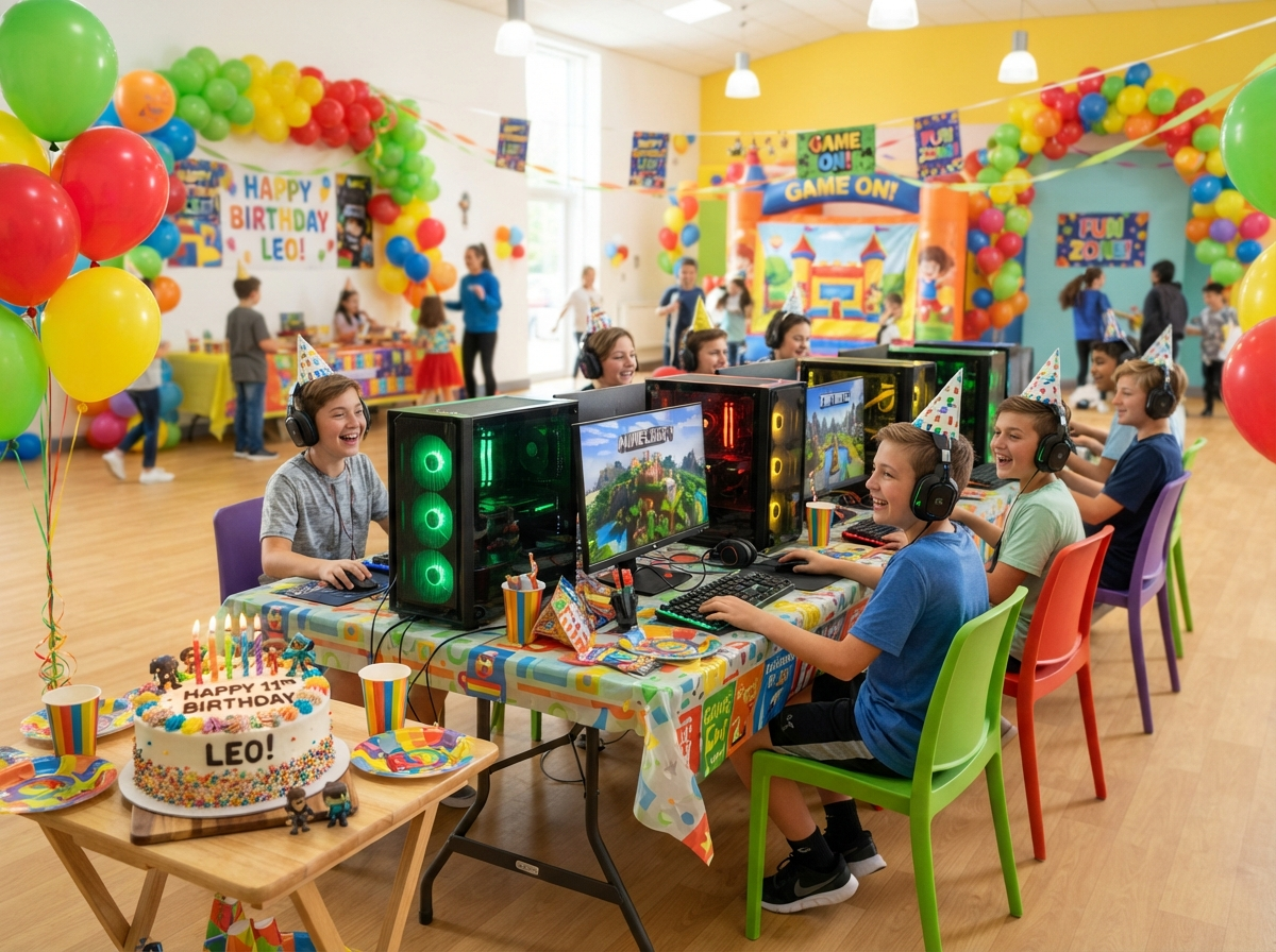 Kids birthday LAN party with gaming PCs, balloons, and a birthday cake